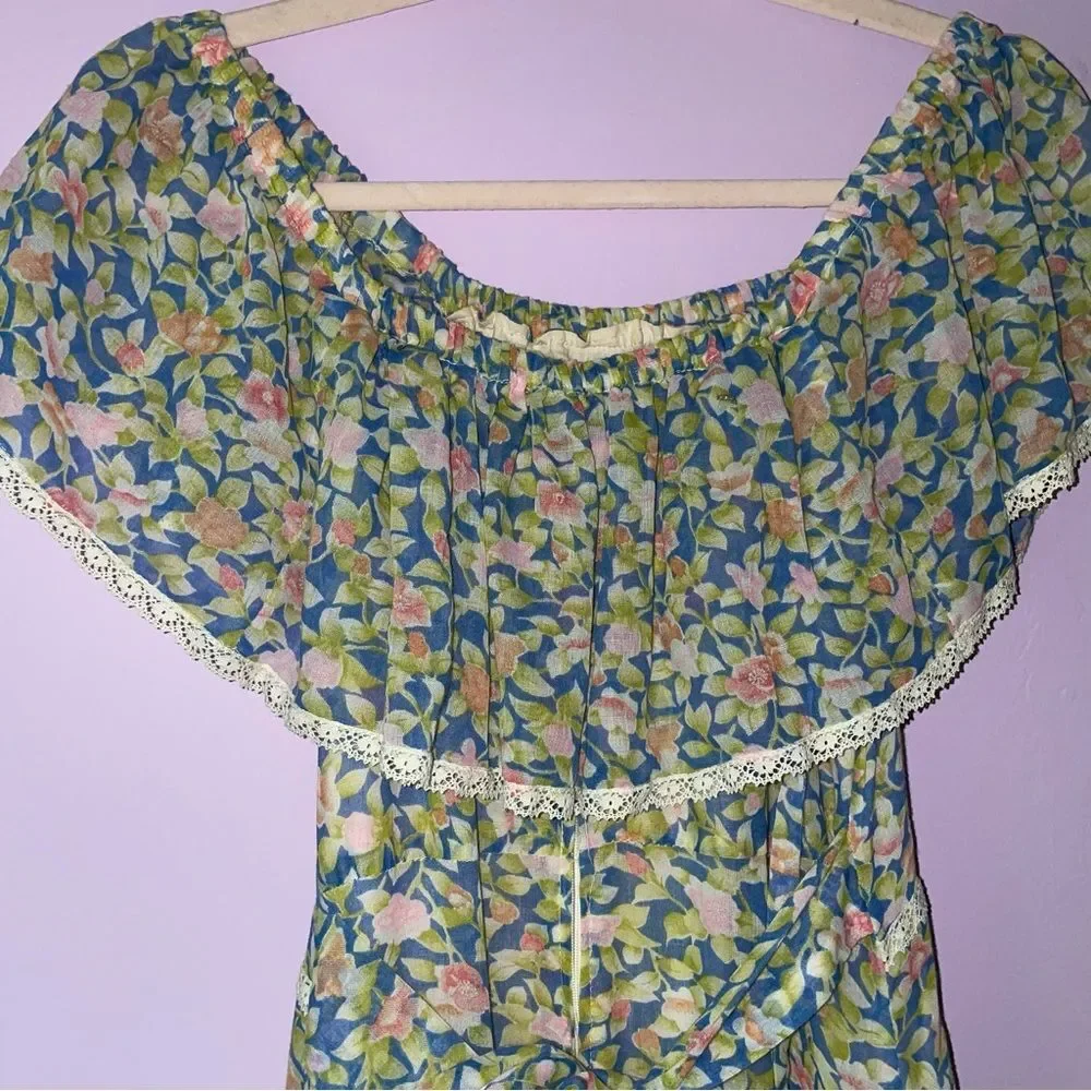 Camela of California S Maxi Dress 70s Ball Gown Blue Ditsy Floral Ruffle Boho - Picture 6 of 10